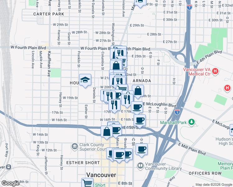 map of restaurants, bars, coffee shops, grocery stores, and more near 1905 Main Street in Vancouver