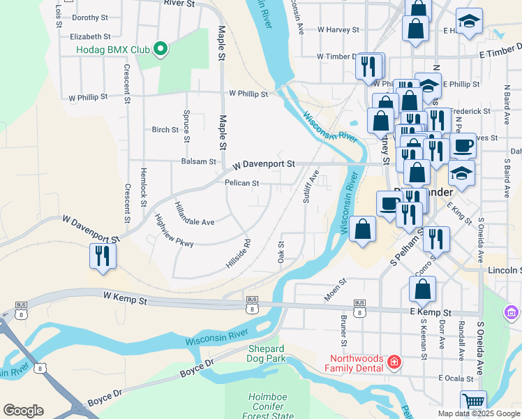 map of restaurants, bars, coffee shops, grocery stores, and more near 202 Highview Parkway in Rhinelander