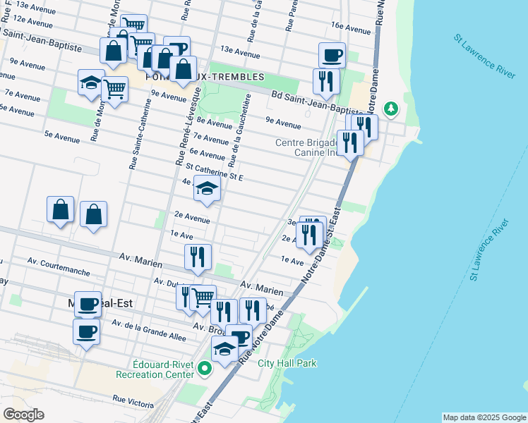 map of restaurants, bars, coffee shops, grocery stores, and more near 743 3e Avenue in Montréal
