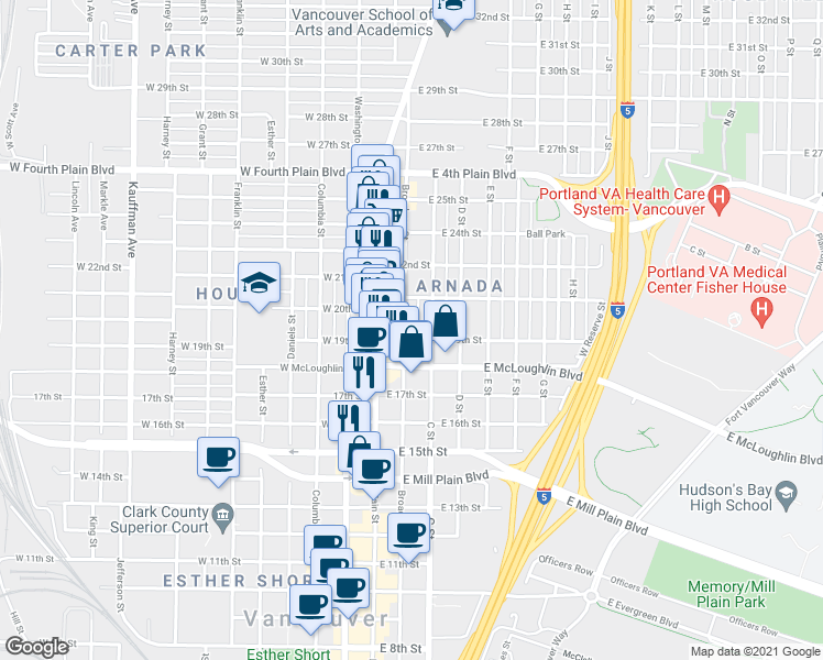 map of restaurants, bars, coffee shops, grocery stores, and more near 1907 Broadway Street in Vancouver