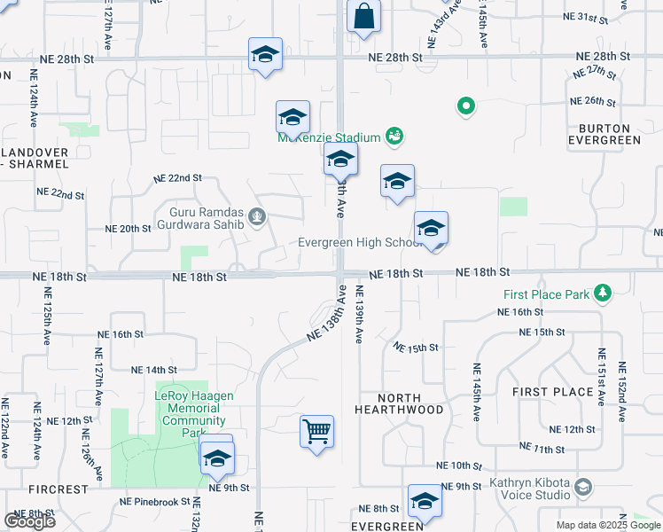 map of restaurants, bars, coffee shops, grocery stores, and more near 13720 Northeast 18th Street in Vancouver