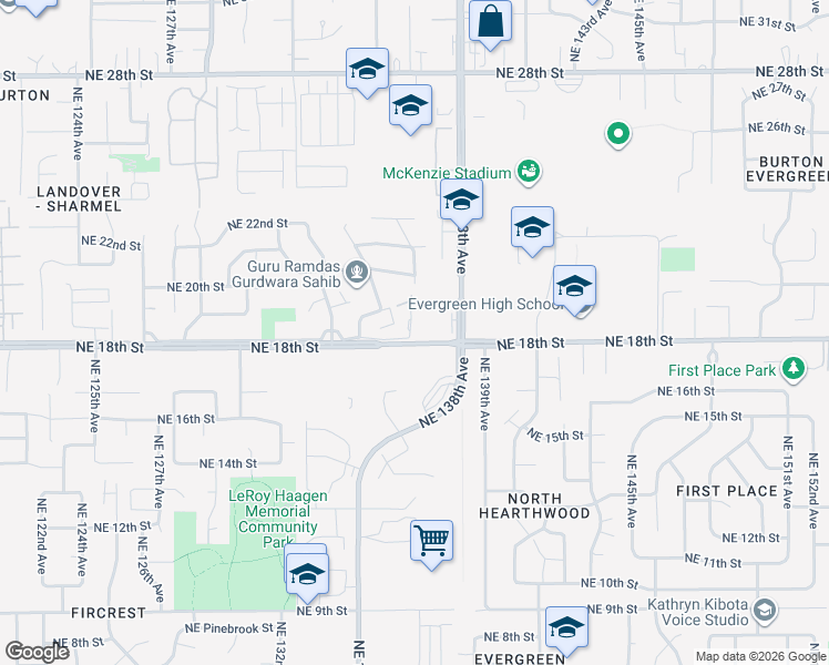 map of restaurants, bars, coffee shops, grocery stores, and more near 13600 Northeast 18th Street in Vancouver