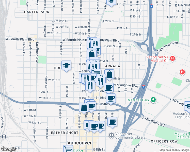 map of restaurants, bars, coffee shops, grocery stores, and more near 1905 Main Street in Vancouver