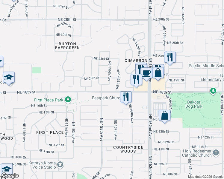 map of restaurants, bars, coffee shops, grocery stores, and more near 15604 Northeast 18th Street in Vancouver