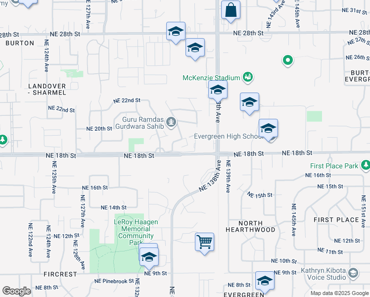map of restaurants, bars, coffee shops, grocery stores, and more near 13504 Northeast 18th Way in Vancouver