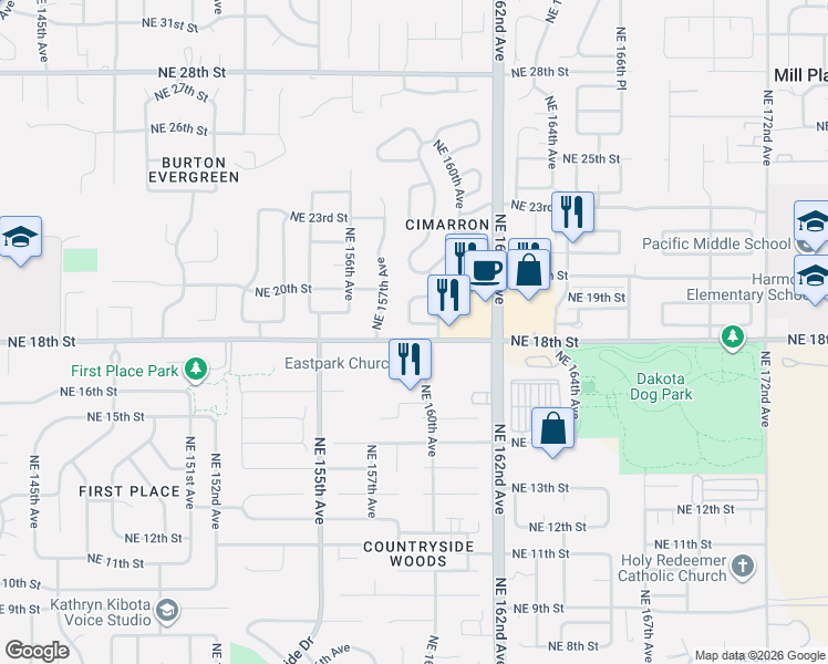 map of restaurants, bars, coffee shops, grocery stores, and more near 15819 Northeast 19th Street in Vancouver