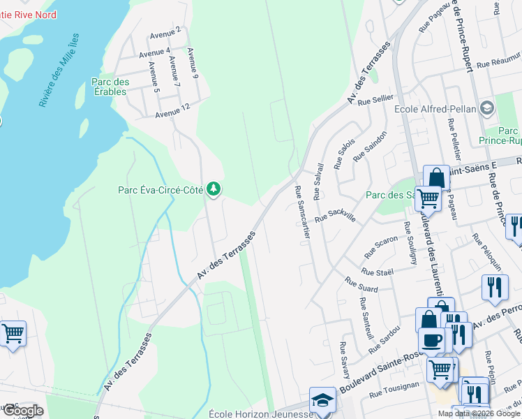 map of restaurants, bars, coffee shops, grocery stores, and more near 169 Avenue des Terrasses in Laval