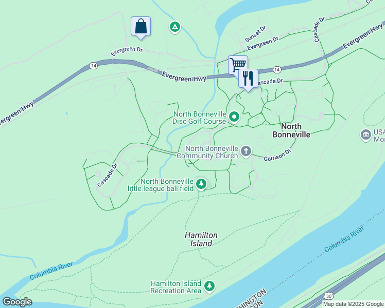 map of restaurants, bars, coffee shops, grocery stores, and more near 1006 Chenowuth in North Bonneville