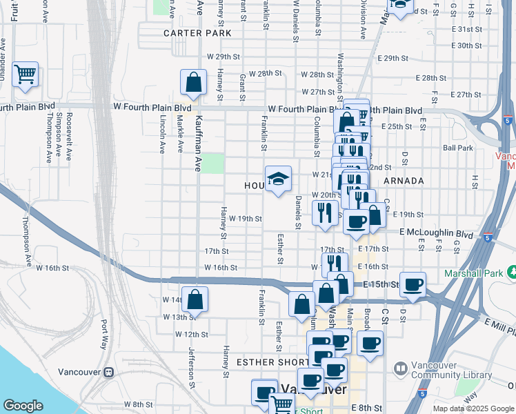map of restaurants, bars, coffee shops, grocery stores, and more near 1912 Franklin Street in Vancouver
