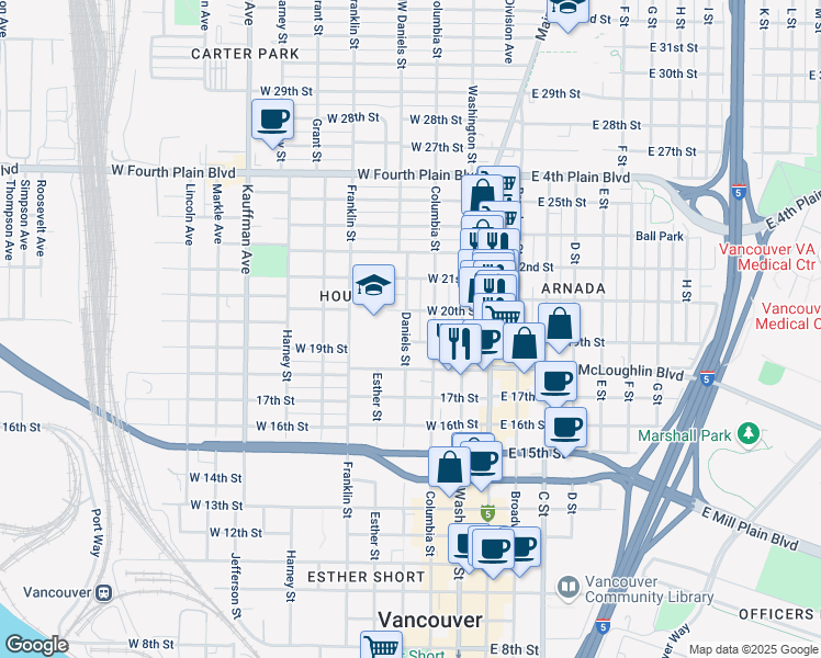 map of restaurants, bars, coffee shops, grocery stores, and more near 1907 Daniels Street in Vancouver