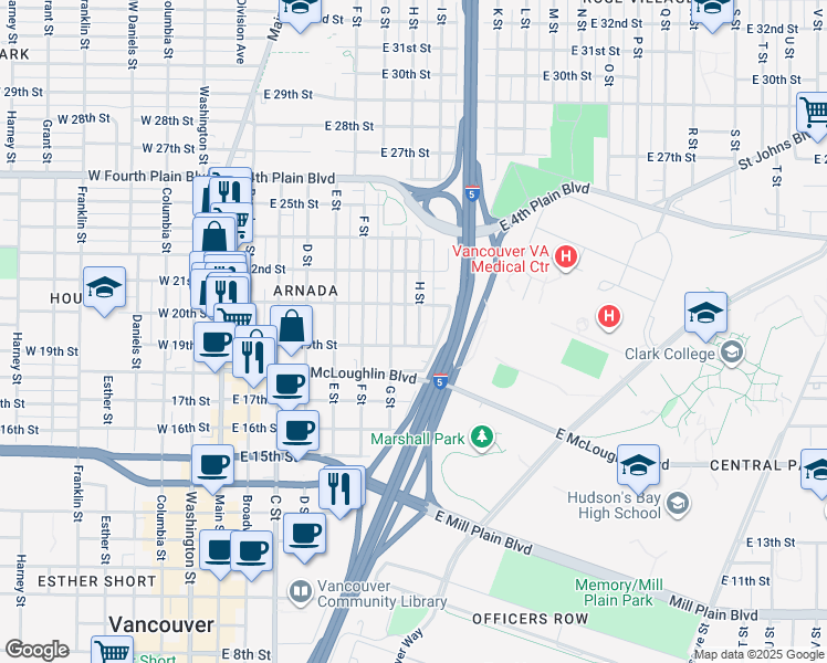 map of restaurants, bars, coffee shops, grocery stores, and more near 1908 H Street in Vancouver