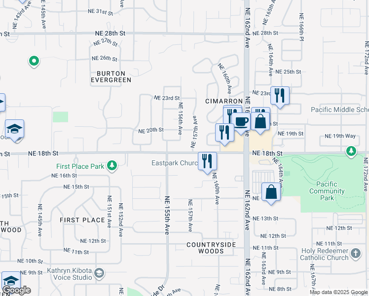 map of restaurants, bars, coffee shops, grocery stores, and more near 1802 Northeast 157th Avenue in Vancouver