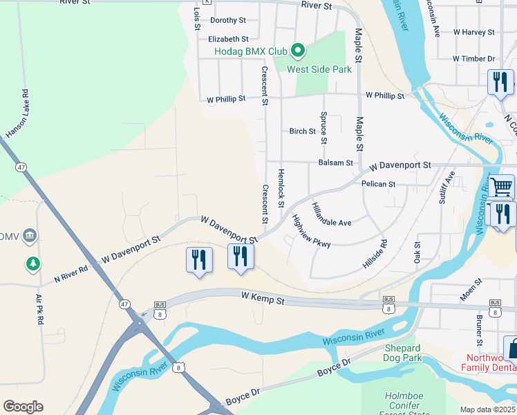 map of restaurants, bars, coffee shops, grocery stores, and more near 32 Crescent Street in Rhinelander