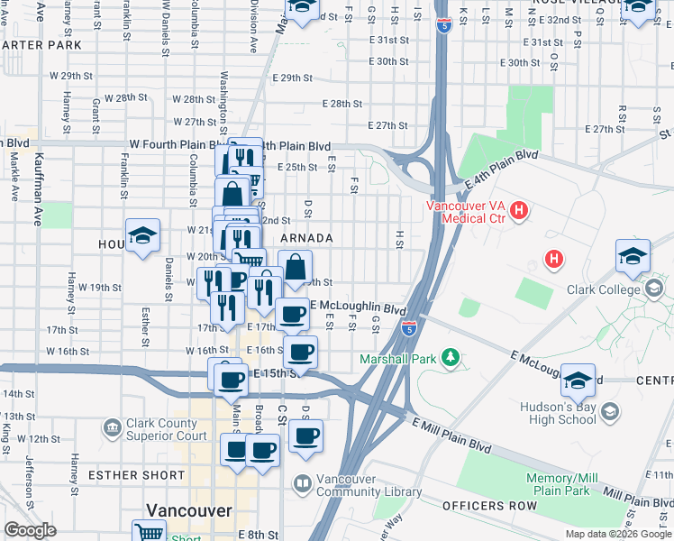 map of restaurants, bars, coffee shops, grocery stores, and more near 1913 E Street in Vancouver