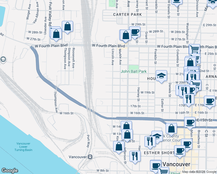 map of restaurants, bars, coffee shops, grocery stores, and more near 1207 West 20th Street in Vancouver