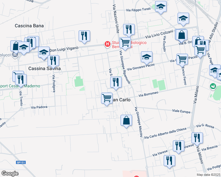 map of restaurants, bars, coffee shops, grocery stores, and more near 72-96 Via San Carlo in Seregno