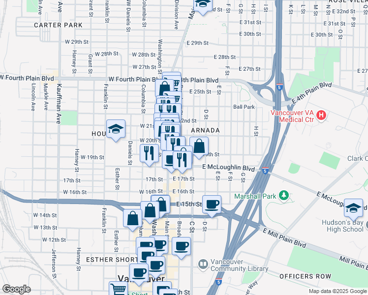 map of restaurants, bars, coffee shops, grocery stores, and more near 1907 Broadway Street in Vancouver