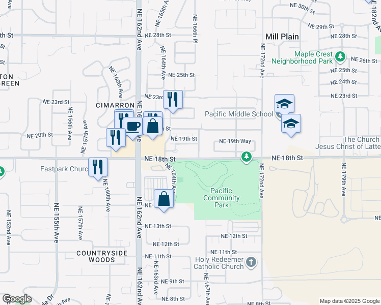 map of restaurants, bars, coffee shops, grocery stores, and more near 1802 Northeast 167th Avenue in Vancouver