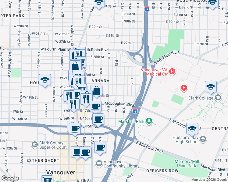 map of restaurants, bars, coffee shops, grocery stores, and more near 1913 E Street in Vancouver