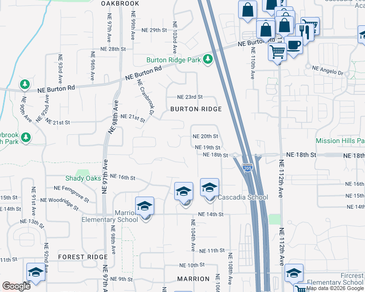 map of restaurants, bars, coffee shops, grocery stores, and more near 10309 Northeast 20th Circle in Vancouver