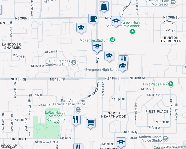 map of restaurants, bars, coffee shops, grocery stores, and more near 13708 Northeast 18th Street in Vancouver