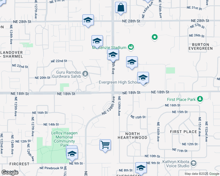 map of restaurants, bars, coffee shops, grocery stores, and more near 13720 Northeast 18th Street in Vancouver