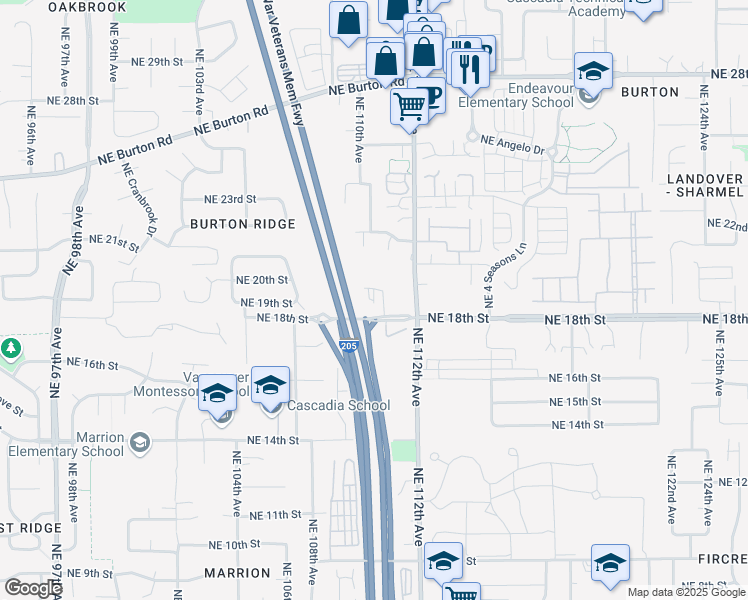 map of restaurants, bars, coffee shops, grocery stores, and more near 11022 Northeast 18th Street in Vancouver