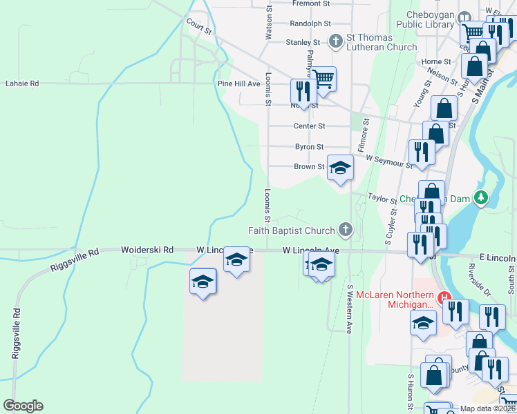 map of restaurants, bars, coffee shops, grocery stores, and more near 998 Loomis Street in Cheboygan