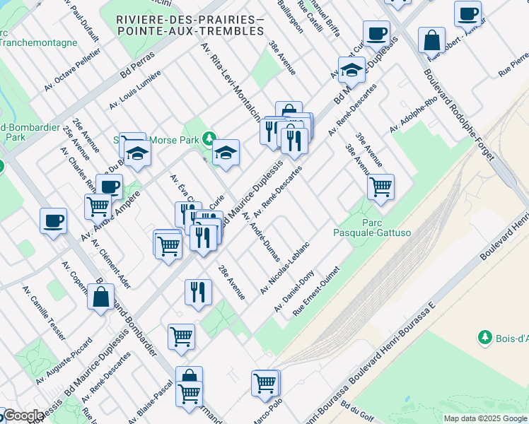map of restaurants, bars, coffee shops, grocery stores, and more near 8444 Avenue René-Descartes in Montréal