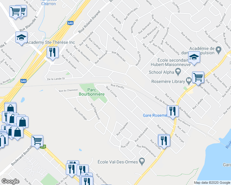 map of restaurants, bars, coffee shops, grocery stores, and more near 308 Rue Corona in Rosemère