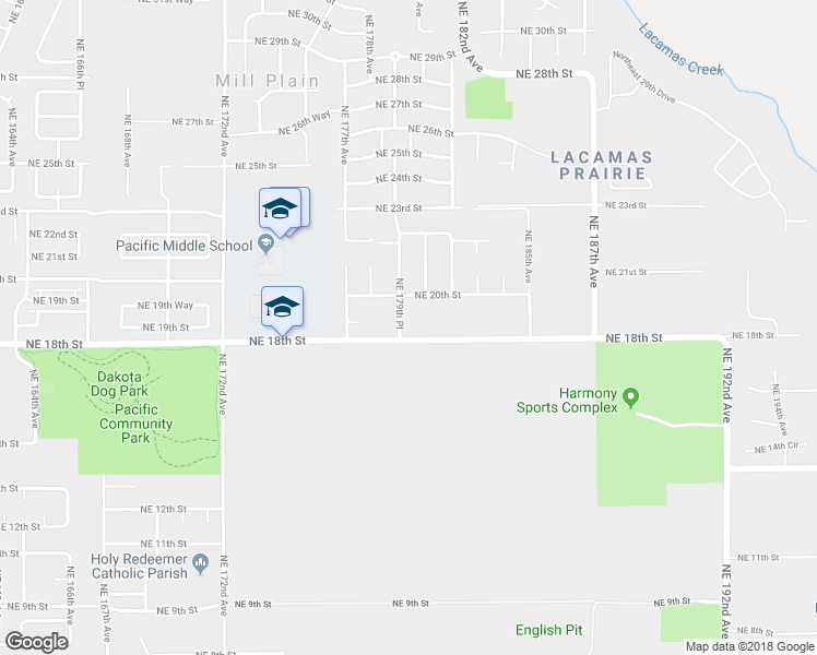 map of restaurants, bars, coffee shops, grocery stores, and more near 18004 Northeast 18th Street in Vancouver