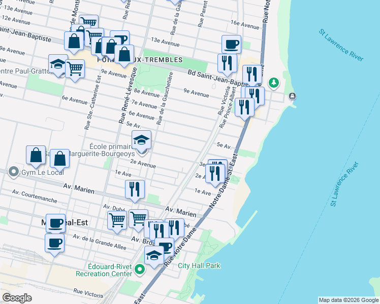 map of restaurants, bars, coffee shops, grocery stores, and more near 716 4e Avenue in Montréal