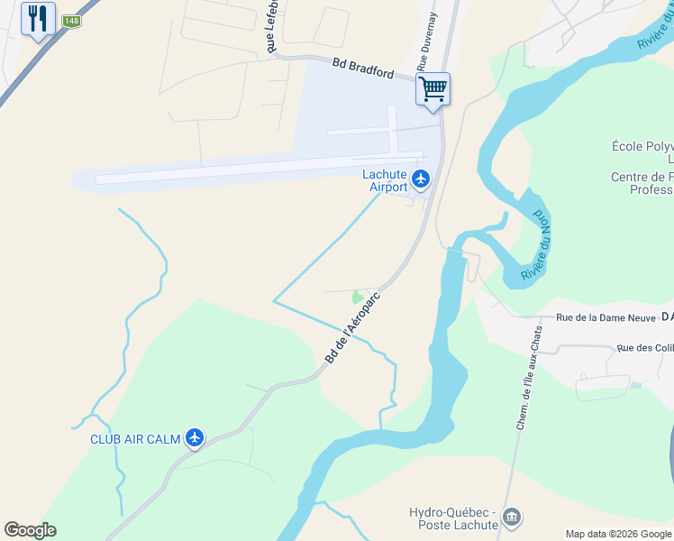 map of restaurants, bars, coffee shops, grocery stores, and more near Boulevard de l'Aéroparc in Lachute