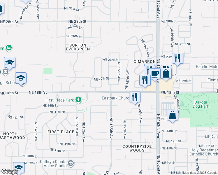 map of restaurants, bars, coffee shops, grocery stores, and more near 15412 Northeast 18th Street in Vancouver