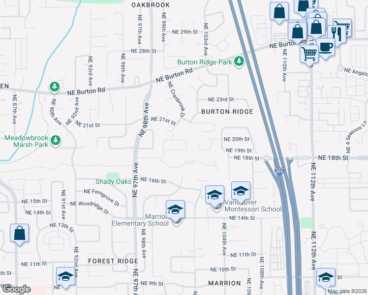 map of restaurants, bars, coffee shops, grocery stores, and more near 10025 Northeast 19th Street in Vancouver