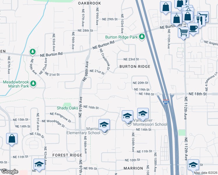 map of restaurants, bars, coffee shops, grocery stores, and more near 10025 Northeast 19th Street in Vancouver