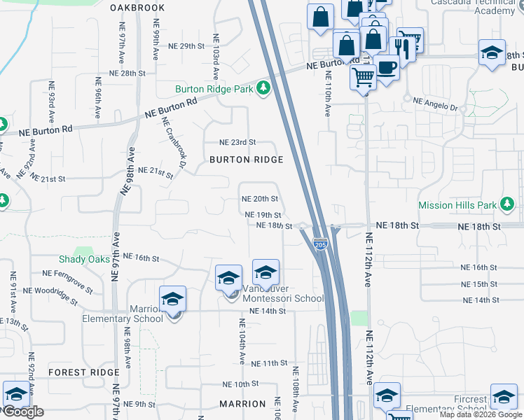 map of restaurants, bars, coffee shops, grocery stores, and more near 10501 Northeast 19th Street in Vancouver