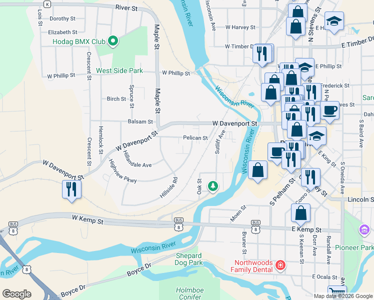 map of restaurants, bars, coffee shops, grocery stores, and more near 202 Highview Parkway in Rhinelander