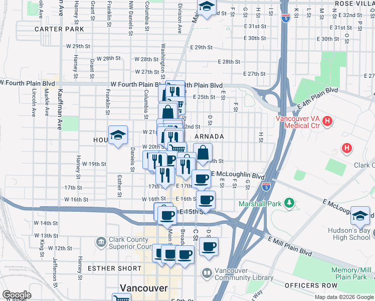 map of restaurants, bars, coffee shops, grocery stores, and more near 1907 Broadway Street in Vancouver