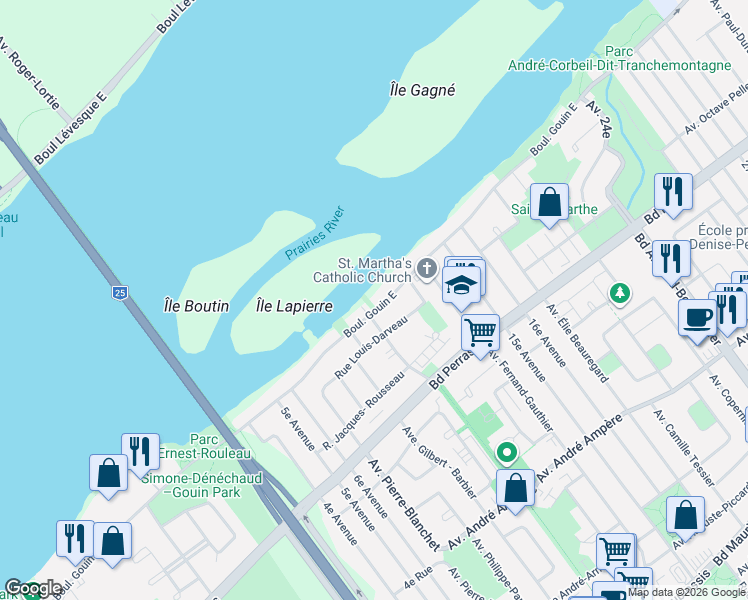 map of restaurants, bars, coffee shops, grocery stores, and more near 7505 Boulevard Gouin Est in Montréal