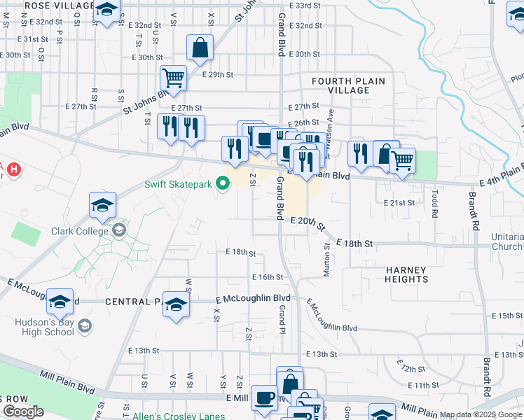 map of restaurants, bars, coffee shops, grocery stores, and more near 2013 Z Street in Vancouver