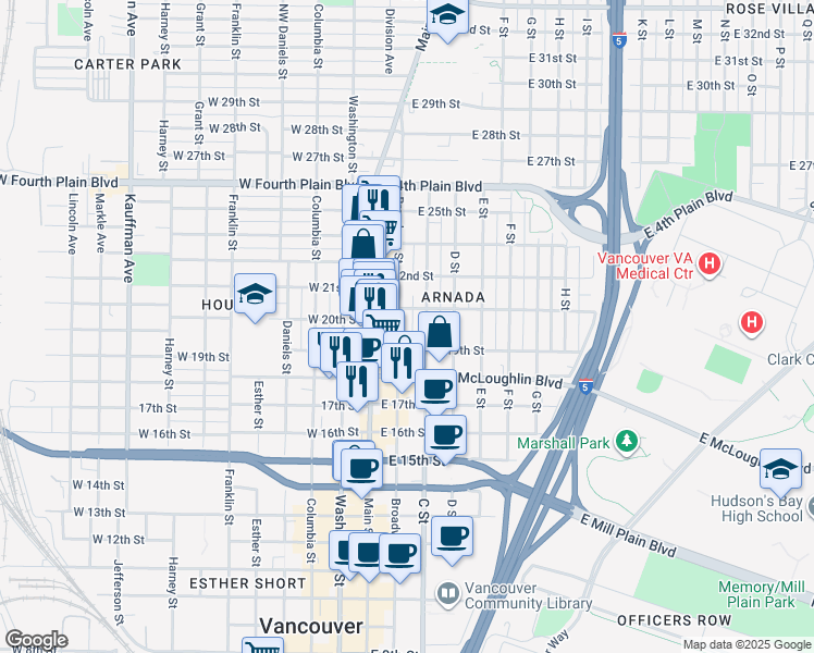 map of restaurants, bars, coffee shops, grocery stores, and more near 1907 Broadway Street in Vancouver