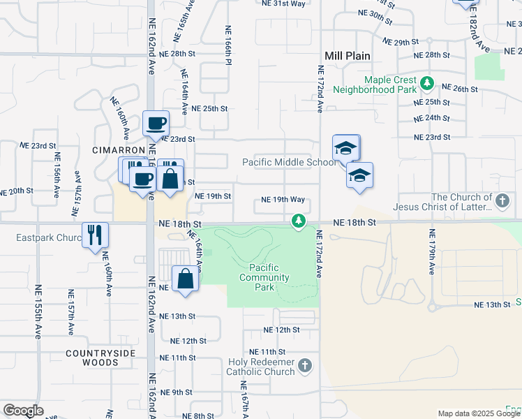 map of restaurants, bars, coffee shops, grocery stores, and more near 16909 Northeast 19th Street in Vancouver