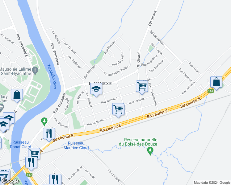 map of restaurants, bars, coffee shops, grocery stores, and more near 2085 Rue Paul-Sauvé in Saint-Hyacinthe