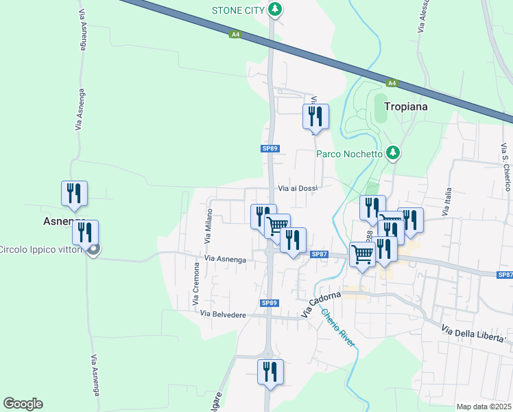 map of restaurants, bars, coffee shops, grocery stores, and more near 3 Via Sondrio in Bolgare
