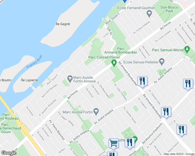 map of restaurants, bars, coffee shops, grocery stores, and more near 7798 Boulevard Perras in Montréal