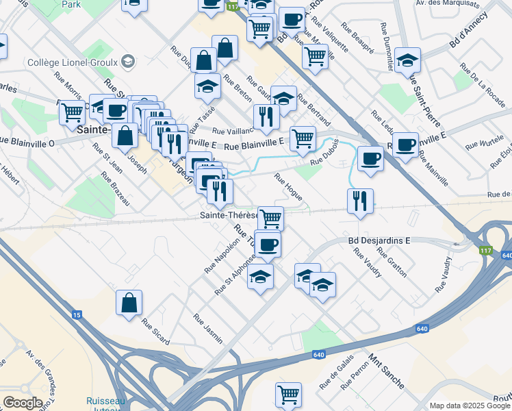 map of restaurants, bars, coffee shops, grocery stores, and more near 99 Rue des Pianos in Sainte-Thérèse