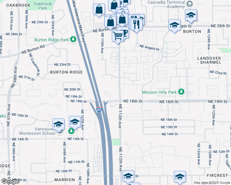 map of restaurants, bars, coffee shops, grocery stores, and more near 11022 Northeast 18th Street in Vancouver