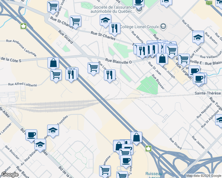 map of restaurants, bars, coffee shops, grocery stores, and more near 16 Rue Sicard in Sainte-Thérèse