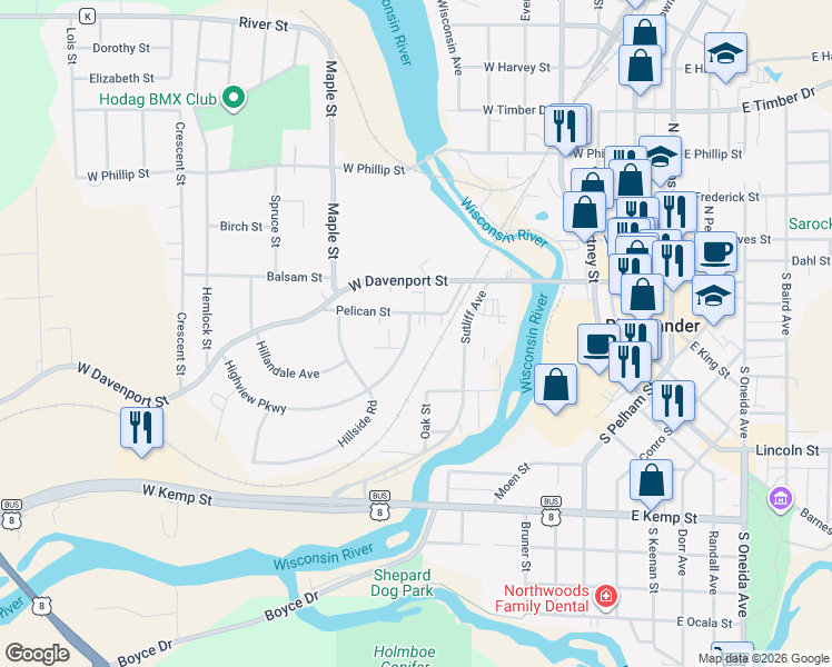 map of restaurants, bars, coffee shops, grocery stores, and more near 127 Highview Parkway in Rhinelander